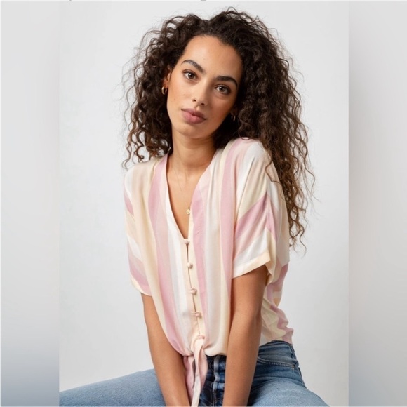 RAILS Thea Sunrise Stripe Tie-Front Blouse Top Pink Ivory Orange - Picture 1 of 14